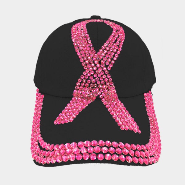 Bling Pink Ribbon Breast Cancer Awareness Baseball Cap for Women, Survivor Gift, Gift for Mom, Cancer Support Hat, Handmade Gifts