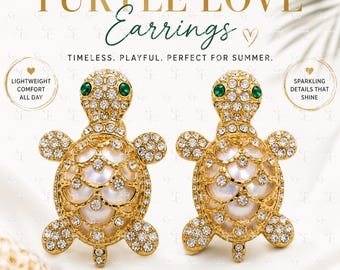 Gold Sea Turtle Stud Earrings Rhinestone Coastal Jewelry Faux Pearl Ocean Animal Earrings Beach Vacation Gift for Women