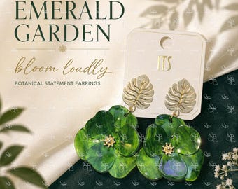 Green Flower Statement Earrings, Tropical Leaf Dangles, Botanical Floral Jewelry for Women, Xmas Gift