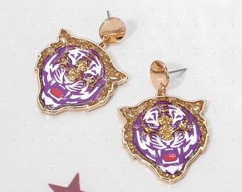 Purple Tiger Statement Earrings Gold Glitter Mascot Jewelry Tailgate Accessory Stadium Fashion Alumni Gift