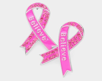 Enamel Pink Ribbon “Believe” Earrings | Breast Cancer Awareness Gift | Support Cancer Survivor Jewelry for Mom
