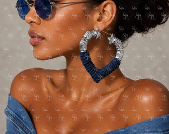 Oversized Bamboo Denim Heart Statement Earrings Boutique Fashion Earrings Bold Heart Jewelry Lightweight Gift for Women Trendy Accessories