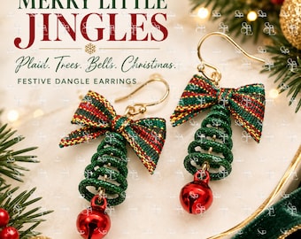 Christmas Tree Earrings, Plaid Bow Jingle Bell Earrings, Holiday Dangle Jewelry