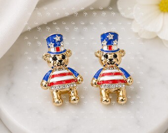 Patriotic Teddy Bear Earrings, USA Flag Dangle Jewelry, Americana Holiday Accessory, Independence Day Fashion, Memorial Day Gift