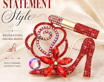 Rhinestone High Heel Brooch, Stiletto Shoe Pin, Floral Statement Jewelry Gift for Her