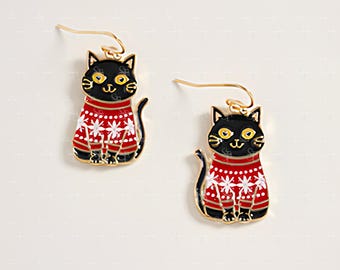 Christmas Cat Earrings, Holiday Sweater Kitty Dangles, Festive Winter Gift for Cat Lover, Cute Seasonal Jewelry