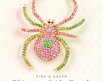 Pink Green Spider Brooch, Rhinestone Insect Pin, Gold Tone Statement Jewelry, Sisterhood Gift, Halloween Lapel Accessory