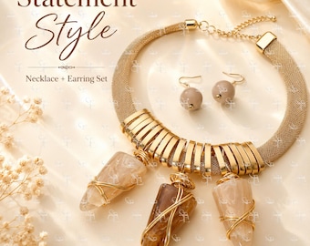 Gold Tone Necklace and Earring Set Statement Collar Necklace Marbled Pendant Jewelry Matching Drop Earrings