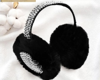 Custom Rhinestone STUDDED FLUFFY Plush Faux Fur Earmuffs for Women, Winter Earmuffs, Gift for Mom, Gift for Sister, Stocking Stuffer