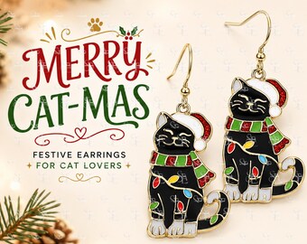 Christmas Cat Earrings, Holiday Dangle Jewelry, Santa Kitty Earrings, Cat Lover Gift, Festive Stocking Stuffer