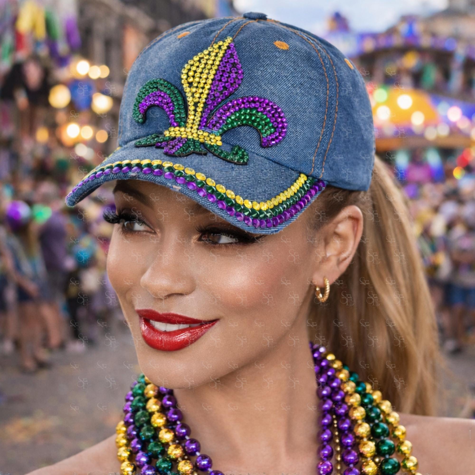 Mardi Gras Rhinestone Fleur De Lis Denim Baseball Cap, Bling  display picture 1