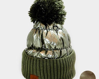 Puffer Knit Pom Pom Beanie Hat, Winter Quilted Metallic Hat, Women Beanie Hat, Girl Beanie Hat, Warm Winter Hat, Stocking Stuffer, Gift Idea