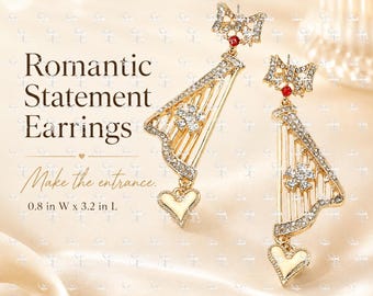 Gold Bow Harp Heart Earrings, Rhinestone Statement Drop Earrings, Romantic Music Lover Gift, Feminine Dangle Jewelry