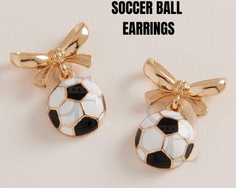 Gold Bow Soccer Ball Earrings, Cute Sports Fan Jewelry, Soccer Mom Gift, Teen Girl Game Day Accessories, Football Inspired Earrings