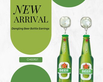 Green Beer Bottle Earrings/Miniature Beer Earrings/Drink Earrings/Fun Earrings/Beer Lover Gift for Her Free Gift Pouch, Gift for Mom