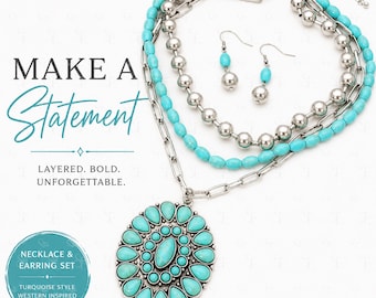 Layered Turquoise Necklace and Earrings, Silver Tone Statement Jewelry, Western Boho Pendant Set