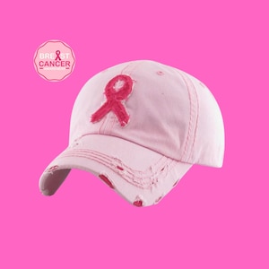 Embroidered Pink Distressed Denim Pink Ribbon Baseball Cap for Breast Cancer Survivor, Pink Warrior Cancer Ball Cap for Mom