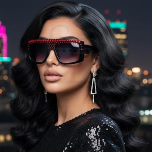 May include: Black square sunglasses with a red studded top frame and gradient lenses. The sunglasses are worn by a person with dark hair and a black sequined top. The background features city lights.