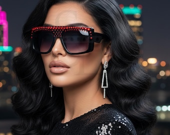 Rhinestone Square Shield Sunglasses Oversized Glam Fashion UV400 Statement Shades Crystal Studded Accessory for Women Trend Style