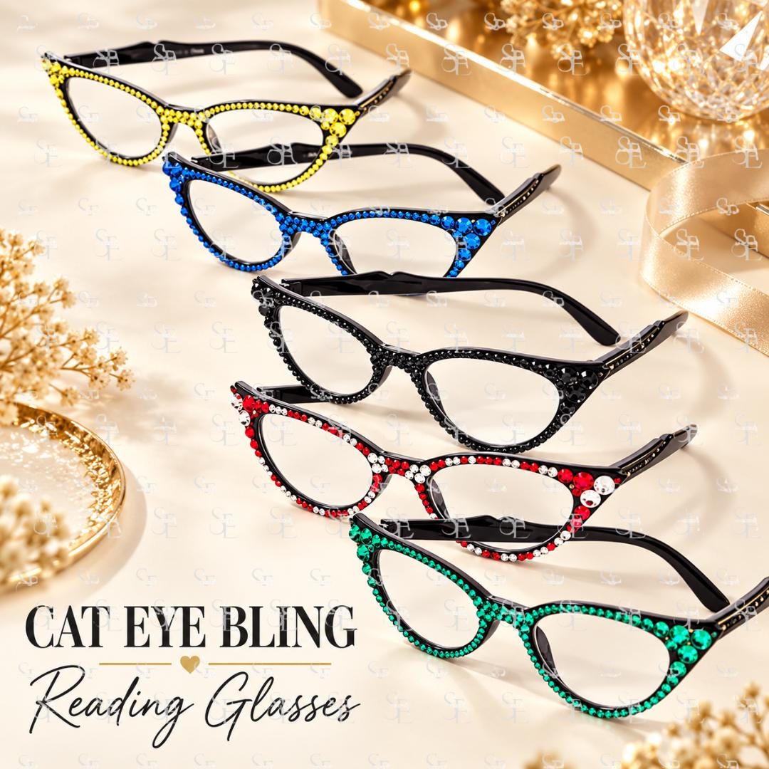 Swarovski Crystal Cat Eye Reading Glasses, 1950s Vintage Style