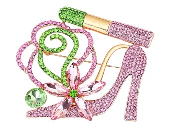 Pink Green Elegant Crystal Shoe and Lipstick Brooch, Rhinestone Ladies Brooch,