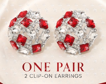 Crimson Crystal Clip On Earrings, Red Clear Rhinestone Earrings, 1.5 Inch Statement Jewelry, Non Pierced Earrings, Chapter Event Gift