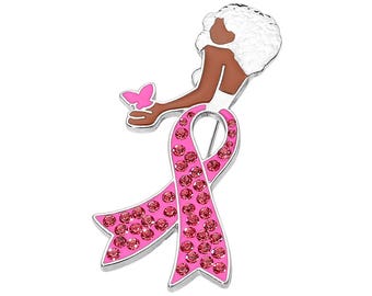 Pink Ribbon Afro Brooch for Women, Breast Cancer Awareness Pin, Sparkly Crystal Hair Lady Pin, Gift for Survivors Supporters Fighters