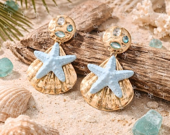 Boucles d'oreilles pendantes coquillage étoile de mer Boucles d'oreilles tendance thème plage Bijoux côtiers Accessoires de vacances Cadeau inspiré de l'océan pour femme