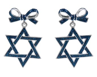 Star of David Bow Earrings, Glitter Hanukkah Jewelry for Women, Jewish Holiday Earrings, Festive Gift Idea, Blue Rhinestone Star Earrings