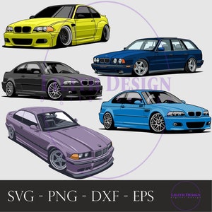 May include: A digital illustration of five different BMW cars. The cars are all in different colors, including yellow, blue, black, and purple. The cars are all in a cartoon style and are facing the viewer.