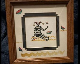 Sherio Signed Framed Mixed Media Art Featuring Koshare Clown and Watermelon Motif