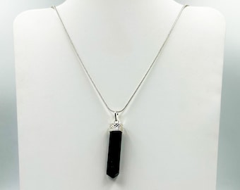 Black Tourmaline Pencil Pendant Necklace, Crystal Jewelry