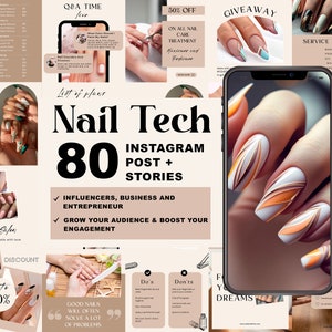 80 Nail Technician Instagram Posts, Nail Tech Branding Kit, Nail Tech Instagram Stories, Story Highlight Covers, Bundle Canva Templates