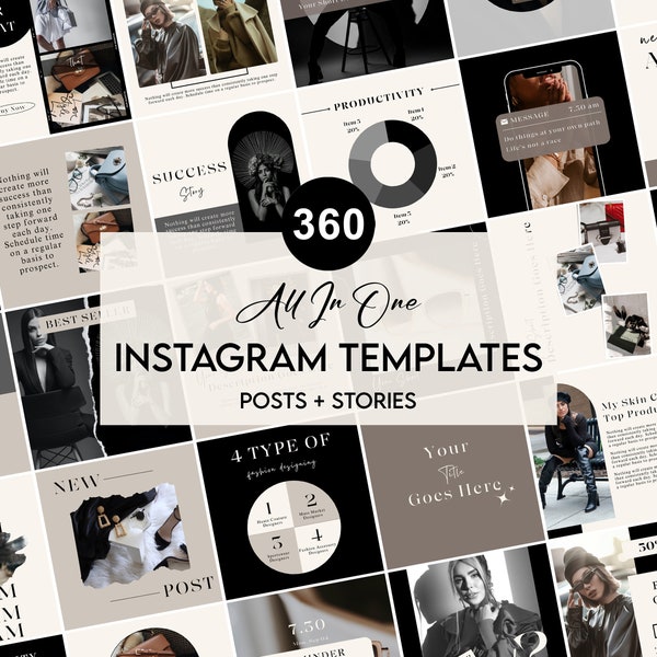 360+ Minimalist Instagram, Facebook, Black Templates and Highlights for Neutral Social Media, Beige Engagement Bundle Pack