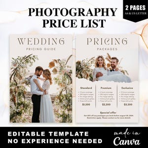 Wedding Photography Pricing List Wedding Pricing Guide Sheet Template Wedding Collection Package Photographer Price Guide Editable Canva