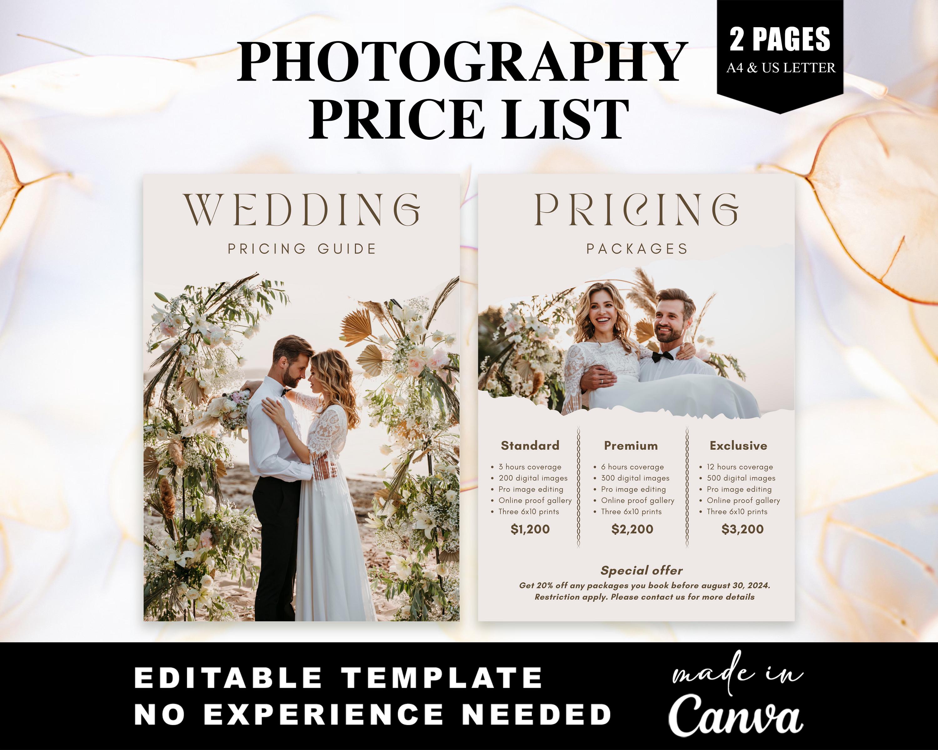 Wedding Photography Pricing List Wedding Pricing Guide Sheet