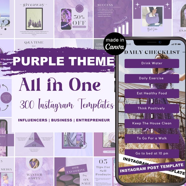 300 Purple Instagram BUNDLE Templates | Purple Social Media Canva Templates| Instagram Post | Purple Travel Templates | Canva Template