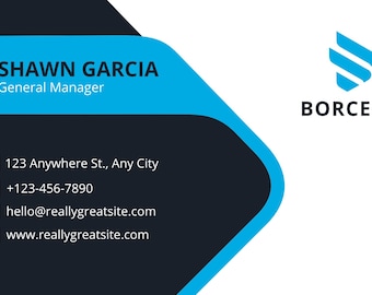 Könnte beinhalten: Visitenkarten-Design in Blau und Schwarz. Die Karte zeigt "SHAWN GARCIA, General Manager" in weißer Schrift auf einem blauen Hintergrund. Kontaktinformationen umfassen Adresse, Telefonnummer und E-Mail. Das Firmenlogo befindet sich oben rechts.