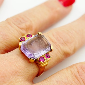 Antique 14K Amethyst Intaglio Ring With Four Rubies Romany Stern Sz 6.5 Etsy