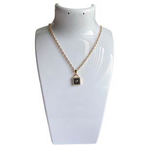 Gold Plated Heart Lock Necklace: Black Enamel Brass Pendant