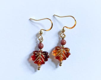 Golden fall autumn leaf dangle earrings