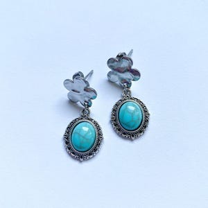 Silver stainless steel flower, oval turquoise stone dangle stud earrings