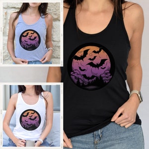 Flying Bats Spooky Moon Halloween Women&#39;s Racerback Tank Top Design, Women&#39;s Tank Top, Spooky design Tank Top, Halloween Clothing