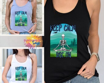 Skeleton Keep Calm Disc Golf Women's Racerback Tank Top, Gift for Family and Friends, Disc Golf Tank Top, Disc Golf Gift, Disc Golf Clothing