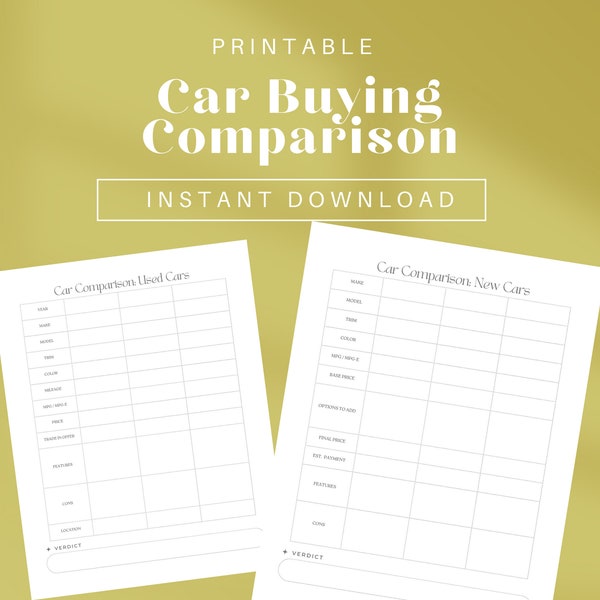 Printable Car Buying Comparison Worksheet Template: Compare Three New or Used Cars