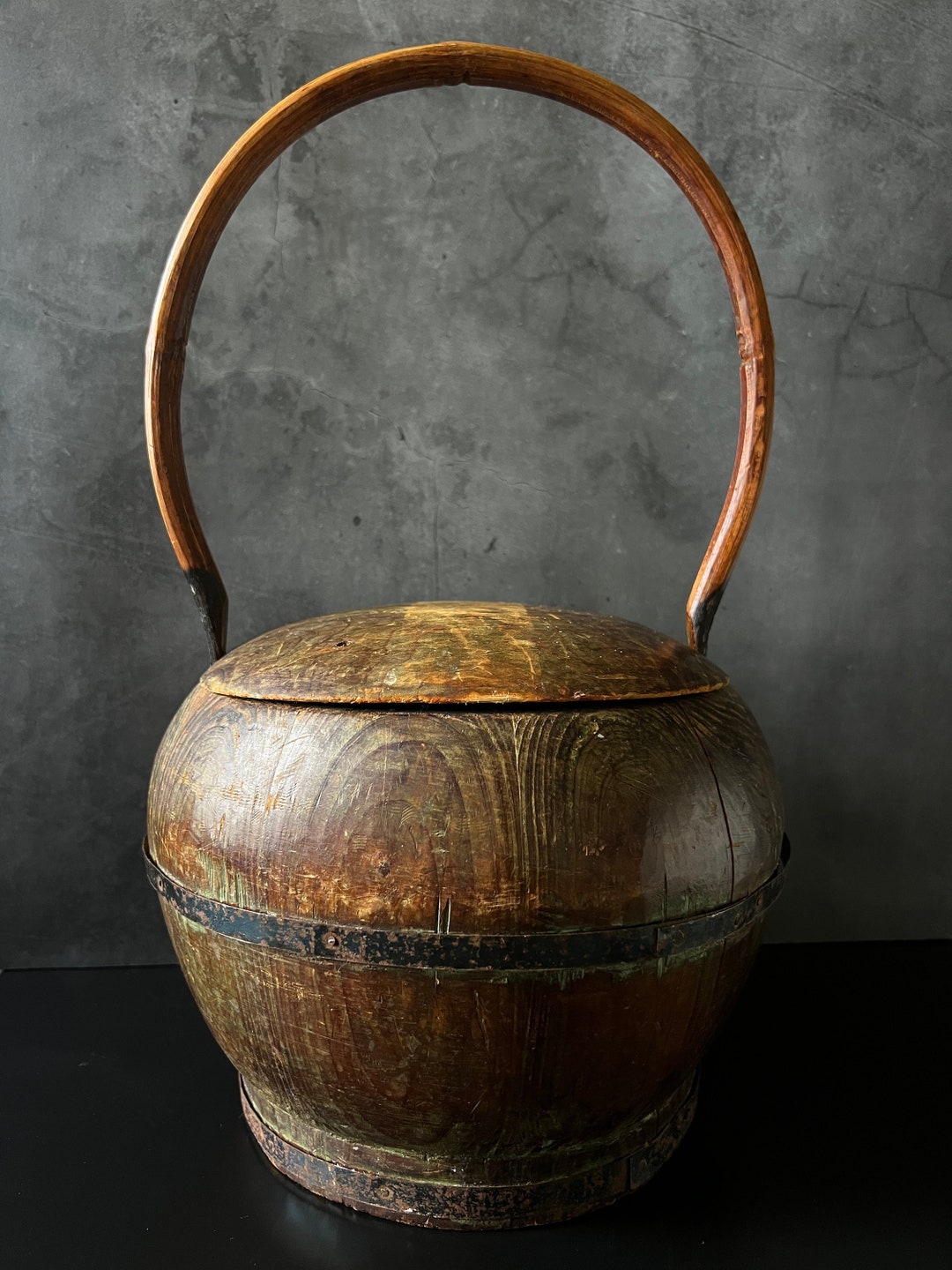 Antique Chinese Wooden Wedding Basket With Original Tall Arched Bamboo