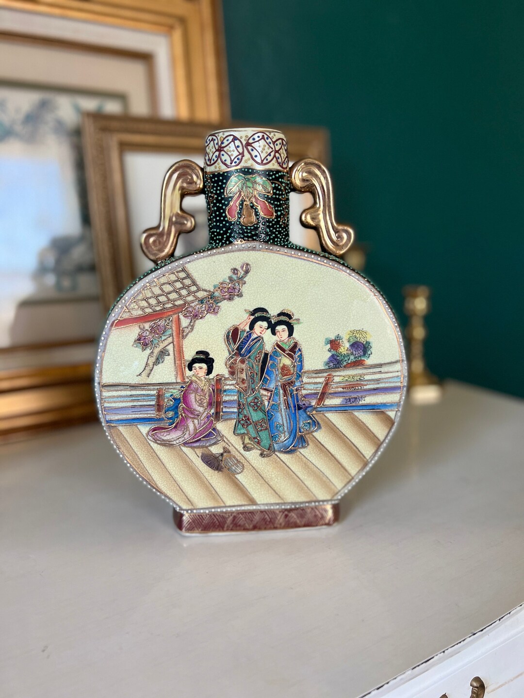 Royal Satsuma Chinese Vases Large Porcelain Ceramic Moon Flask Etsy