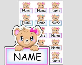 15 Name Tags -Hair Tie Teddy Bear, Cute Name Tag Stickers! Custom Name Sticker Sheet, Waterproof Option, Waterproof Sticker, Dishwasher Safe