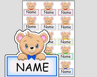 Bow Tie Teddy Bear Name Tag Stickers – Custom Waterproof Labels (15 Sheet)