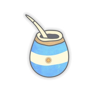 May include: A sticker of a traditional Argentine mate gourd with a straw, decorated with the colors of the Argentine flag. The gourd is blue, white, and light blue with a yellow sun in the center.